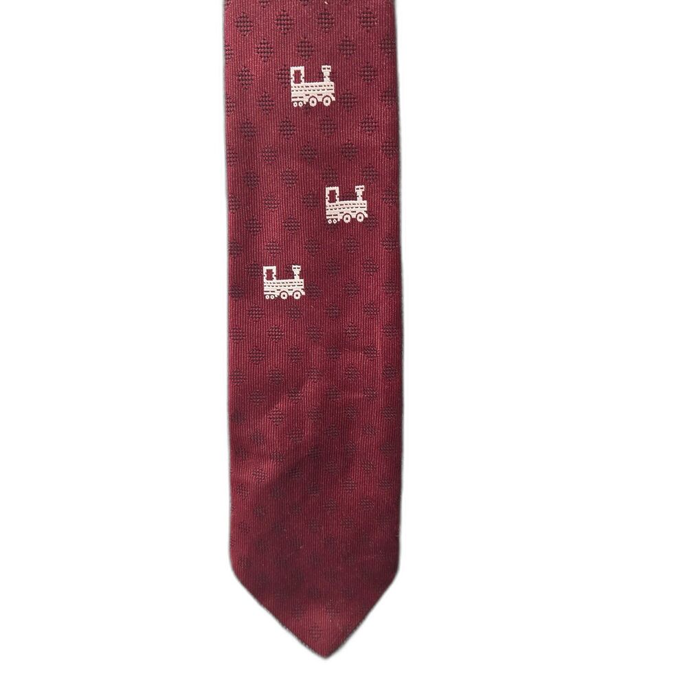 Vintage Damon Necktie Train Locomotive Steam Engine Red Black Diamond Polyester